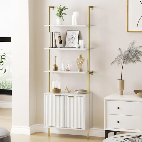 Estantería de escalera con gabinete, estantería de pared de 71 pulgadas de alto con estantes y almacenamiento, estante de escalera estriado con