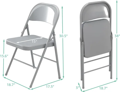 Miniatura 3 de Paquete de 4 sillas plegables, sillas plegables de metal, marco de acero con doble bisagra para oficina, boda, fiesta, patio, comedor, eventos, Gris