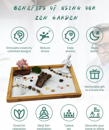 Miniatura 2 de Jardín zen japonés para escritorio, Life Flows de 12 x 8 pulgadas, mini jardín zen con arena blanca, rastrillos y accesorios de rocas de árbol
