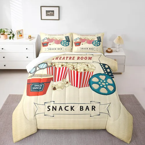 Miniatura 14 de Juego de edredón de cine tamaño individual, ropa de cama vintage de cine para niños, niñas y adultos, juego de edredón de palomitas de maíz