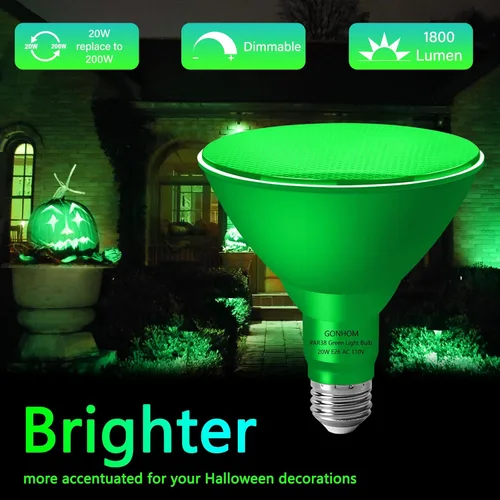 Miniatura 3 de Gonhom PAR38 - Luces de inundación para exteriores, bombillas LED regulables, 20 W (equivalente a 200 W), base E26, porche al aire libre, Verde