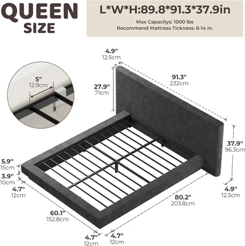 Miniatura 2 de RECCI AirFrame Cloud Queen - Base de cama tapizada con cabecera extra ancha, plataforma totalmente acolchada de espuma de 5 pulgadas, fácil montaje