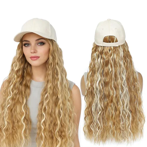 Miniatura 23 de Gorra de béisbol con peluca de cabello largo ondulado natural, con gorra, resistente al calor, mezcla sintética marrón rubio, fibras ajustables