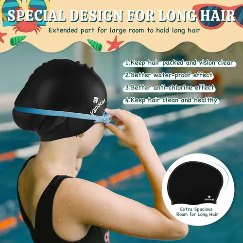 Miniatura 5 de 2 paquetes de gorras de natación para niños para cabello largo/corto, gorro de natación unisex de silicona para niños de 3 a 15 años, niños