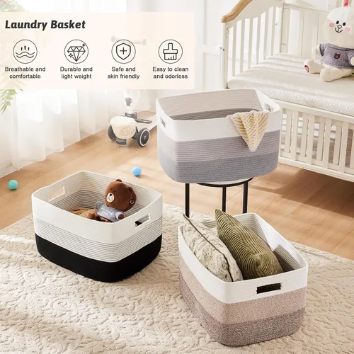 Miniatura 6 de Artfeel - Cesta de manta rectangular, cestas tejidas para almacenamiento, cesta de lavandería de 30L para decoración de guardería, cesta