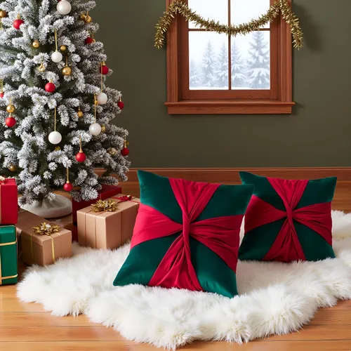 Miniatura 9 de Juego de 2 fundas de almohada de Navidad de 18 x 18 pulgadas, fundas de almohada de terciopelo con ciervos de Navidad color verde oscuro, fundas