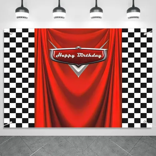 Fondo de cumpleaños de coche con bandera de carreras, 5 x 3 pies, fondo de fotos de carreras a cuadros duradero para decoraciones de cumpleaños,