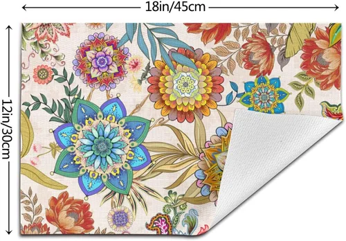 Miniatura 4 de Juego de 4 manteles individuales florales bohemios de lino de 12 x 18 pulgadas, manteles individuales de flores coloridas para cocina, mesa