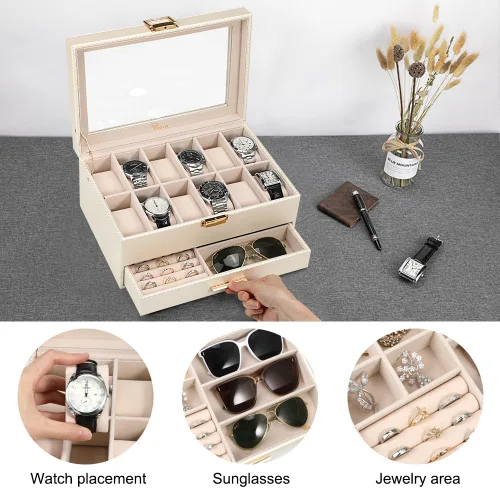 Miniatura 4 de Voova - Organizador de cajas de joyería para relojes para hombres y mujeres, 2 capas grandes con 12 ranuras, estuche de almacenamiento de relojes