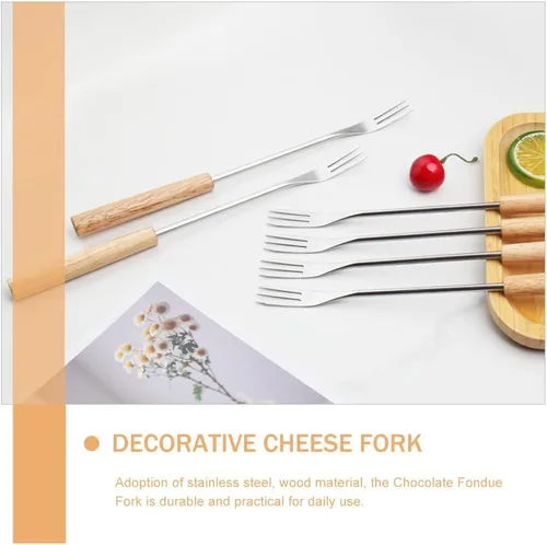 Miniatura 4 de Juego de 6 tenedores para fondue de acero inoxidable con asas de madera de 10.23 pulgadas de largo, tenedores de chocolate y queso para fiestas