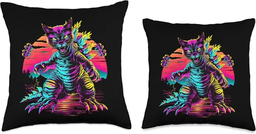 Miniatura 3 de Streetwear Synthwave 80s 90s Catzilla graphic Cat Japanese Throw Pillow