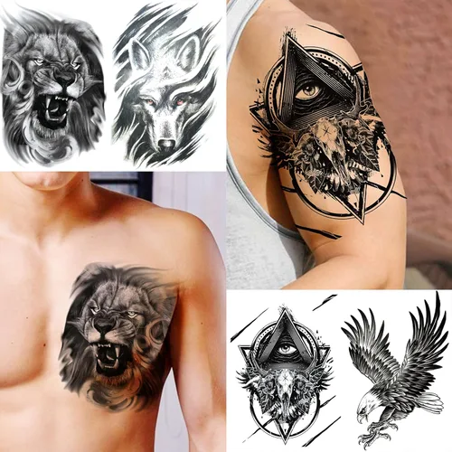 Miniatura 6 de VANTATY 50 hojas de tatuajes temporales negros para hombres y adultos, animales de lobo león dragón, falsos pequeños tatuajes temporales