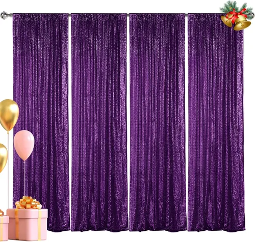 Miniatura 18 de Hahuho - Cortina de fondo de lentejuelas de 2 x 8 pies para fiestas, fondo de fotografía con paños de cortina de purpurina para decorar Navidad