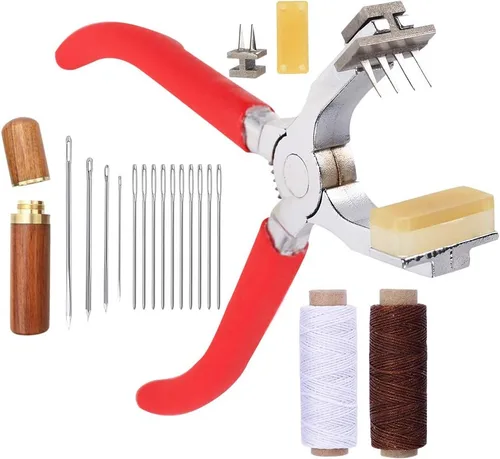 BUTUZE, alicates de mano de cuero silencioso de 0.157 pulgadas (4 dientes franceses y 2 dientes) con aguja de cuero, estuche de aguja de madera, Rojo