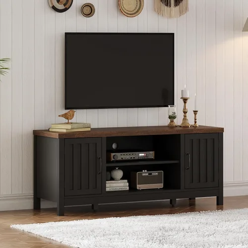 Miniatura 11 de ChooChoo Soporte de TV estilo granja, centro de entretenimiento de madera con puerta acanalada con gabinetes de almacenamiento y estantes abiertos