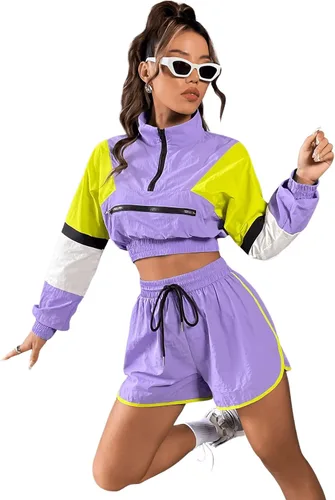 Miniatura 3 de SweatyRocks Conjunto de sudadera corta de 2 piezas con media cremallera y cordón para mujer