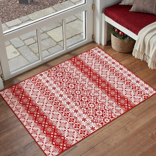 Miniatura 5 de Alfombra de Área Navideña 2x3 pies Copo de Nieve Rojo Tapete Decorativo Navideño para Entrada Cocina Lavable Antideslizante Suave Pelo Bajo Alfombra
