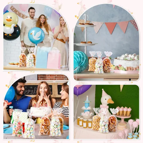 Miniatura 5 de Yexiya 100 bolsas de dulces de ganso de celofán transparentes con lazos de cinta, bolsa de plástico impresa de ganso blanco para aperitivos