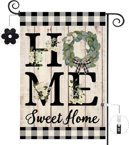 ORTIGIA Home Sweet Home - Bandera de jardín de magnolia de doble cara de 12.5 x 18 pulgadas, para primavera y verano, a cuadros, pequeña bandera de