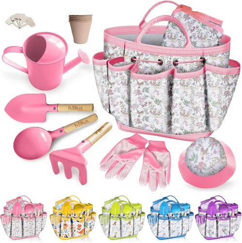 Miniatura 10 de Juego de herramientas de jardinería para niños 18 piezas, juego de jardinería para niños y niñas que incluye bolsa de mano, regadera, delantal