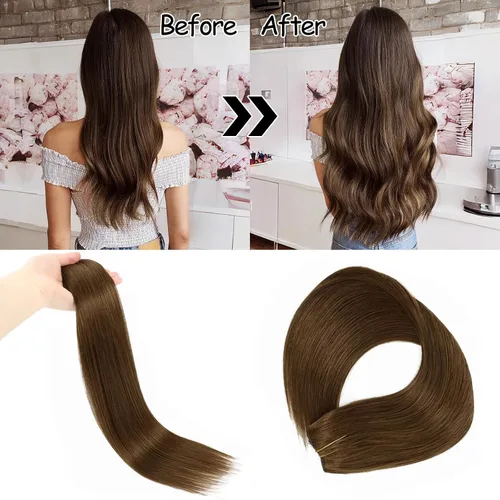 Miniatura 3 de Extensiones de cabello humano real, cabello lacio marrón chocolate de 12 pulgadas con alambre oculto y línea de pescado transparente