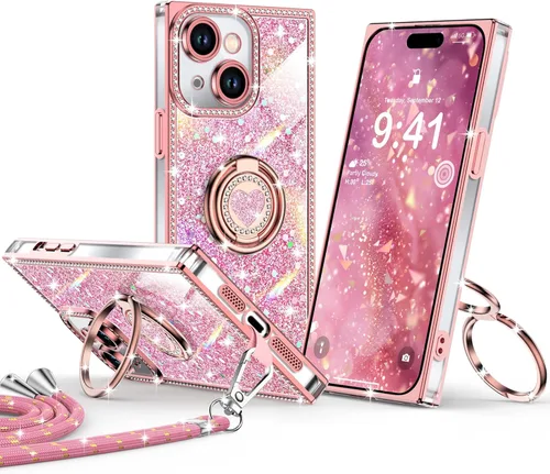 Miniatura 33 de XYZ Funda para iPhone 13, con purpurina brillante con soporte de corazón de 2 anillos y cordón, funda protectora a prueba de golpes con diamantes