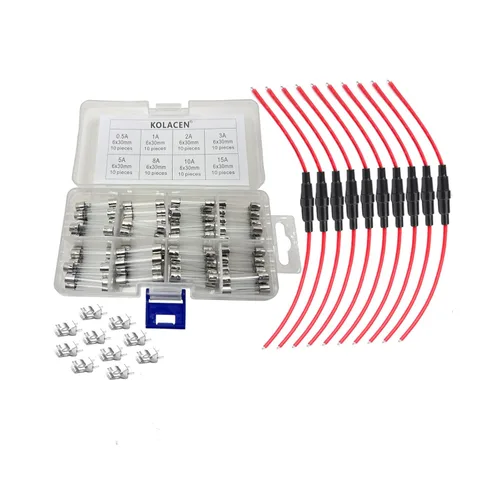 Soporte de fusibles tipo tornillo en línea para automóvil automotriz de 0.236 x 1.181 in con cable de 16 AWG, 80 fusibles de vidrio de soplado
