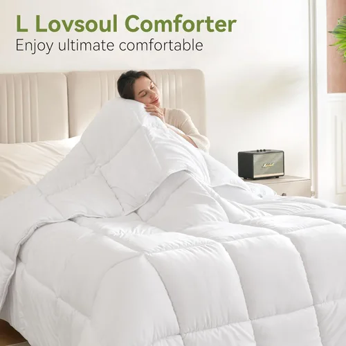 Miniatura 6 de L LOVSOUL Edredón alternativo de plumón tamaño King, relleno de edredón para todas las estaciones con pestañas en las esquinas, edredón beige King