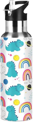 Miniatura 8 de Insulated Stainless Steel Water Bottle with Straw 20 Oz, Leakproof Water Bottles for Gym Outdoor Travel School, Cute Dinosaurs Rainbows White