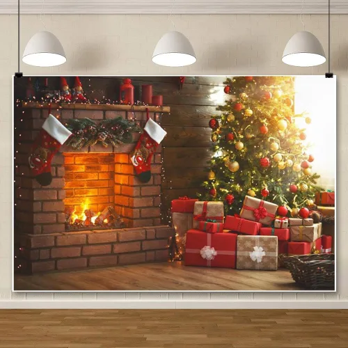 Miniatura 2 de Laeacco Telón de fondo de fotografía de chimenea de Navidad de 7 x 5 pies, telón de fondo de Navidad para interiores, árbol mágico que brilla
