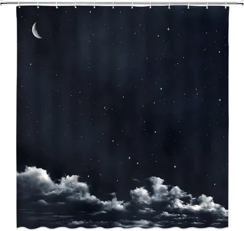 Miniatura 20 de AMFD Cortina de ducha con luna increíble, hermosa fantasía, cielo estrellado, luna brillante, azul, azul marino, negro, cortinas de baño, decoración