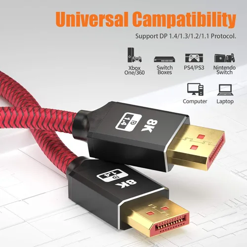Miniatura 7 de BIFALE Paquete de 2 cables DisplayPort 1.4 8K con certificación VESA de 15 pies, cable DP 1.4 de nailon trenzado