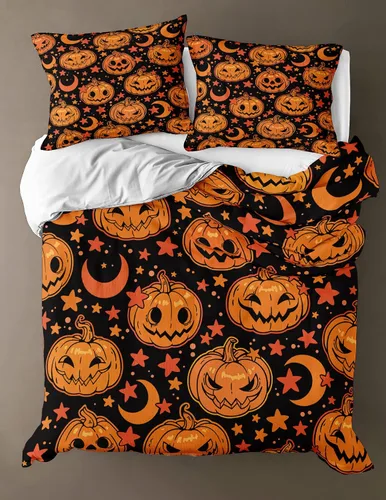 Miniatura 3 de Juego de funda de edredón de calabaza para Halloween, divertido diseño de calabaza malvada, color negro, juego de ropa de cama Tiwn 1 funda