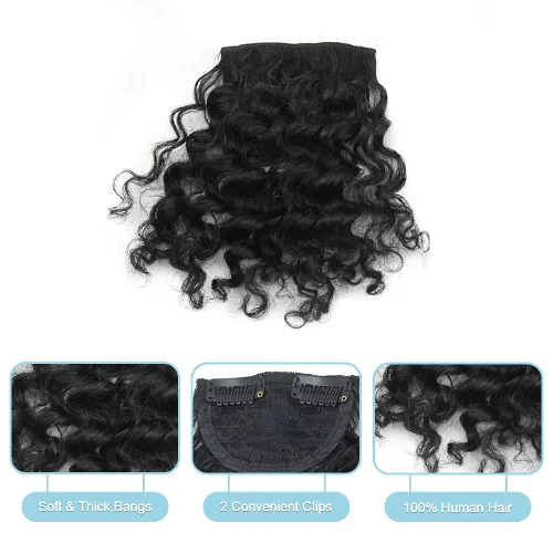 Miniatura 4 de Shinon Flequillo rizado de cabello humano con clip, extensiones de cabello real 10 A, color negro