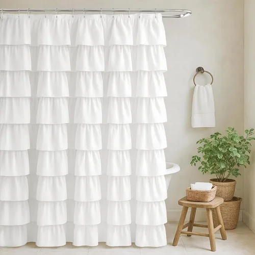 Miniatura 26 de Cortina de ducha Seasonwood de tela blanca con volantes, cortina de ducha estilo granja, cortinas de ducha de 72 x 84 pulgadas con botones y Blanco