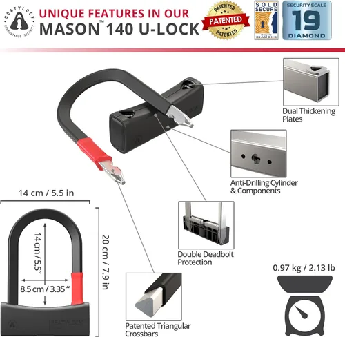 Miniatura 6 de Seatylock Mason Candado de Bicicleta en U - Candado Antirrobo de Alta Resistencia Patentado con Diamante Seguro ULock - Herramienta de Seguridad