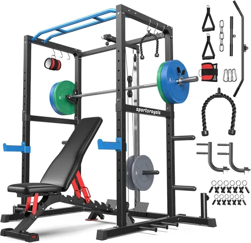 Miniatura 29 de Sportsroyals Jaula de Potencia, Rack de Potencia Multifuncional de 1600 libras con Sistema de Cruce de Cable Ajustable y Más Accesorios de Azul