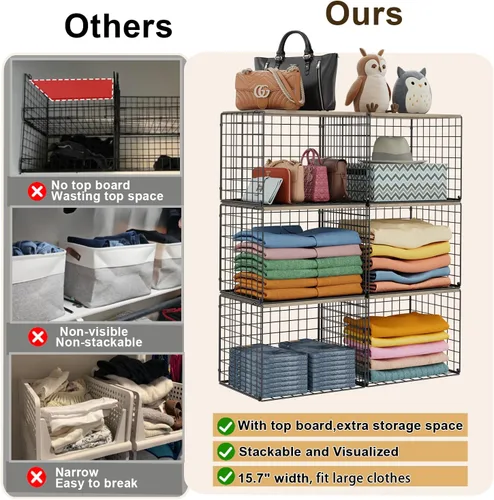 Miniatura 7 de Organizadores de armario y almacenamiento más amplios, apilables, con parte superior de madera, para suéteres, jeans, estantes organizadores de Negro