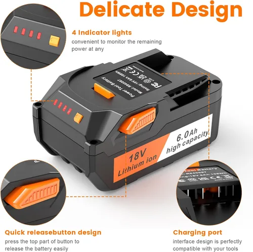 Miniatura 3 de ARyee Batería de repuesto de 18 V 6000 mAh compatible con taladro RIDGID de 18 V R840087 R840083 R840086 R840085 R840084 Batería de iones de litio