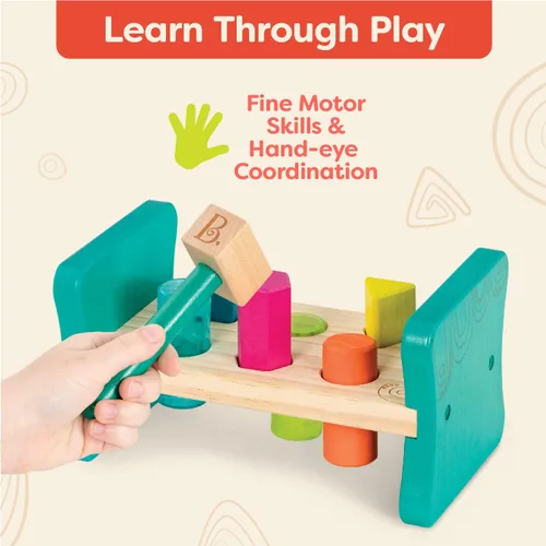 Miniatura 3 de B. toys – Clasificador de formas de madera – Banco de golpeo para clasificación de formas – 6 clavijas y martillo de juguete – Juguetes clásicos