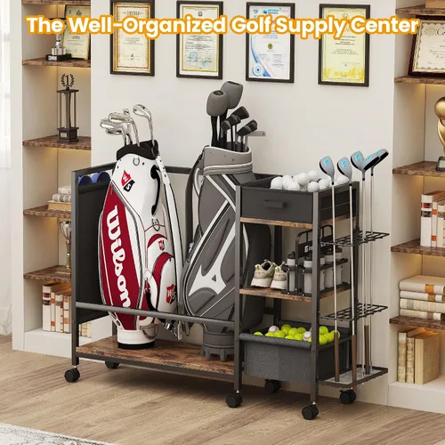 Miniatura 4 de Organizador de almacenamiento de bolsa de golf para garaje, organizador de golf con estante de golf adicional y bolsa lateral de tela para 20 palos