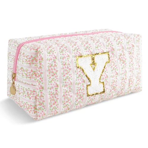 Miniatura 49 de Pequeña bolsa de maquillaje personalizada con inicial A-Z Preppy Patch, bolsa de cosméticos de viaje de felpilla blanca con cremallera, bonita bolsa