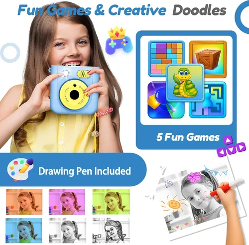 Miniatura 5 de Cámara de impresión instantánea para niños, cámara digital HD de 48 MP 1080P con impresión en color y B&W, tarjeta de 32 GB y 3 rollos de papel