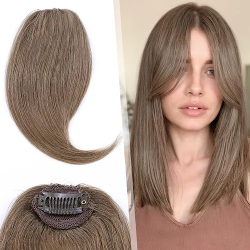 Miniatura 9 de Hairro Extensiones de flequillo lateral ondulado con clip, 100% cabello humano, 2 piezas con clip en la parte media, flequillo francés, lados