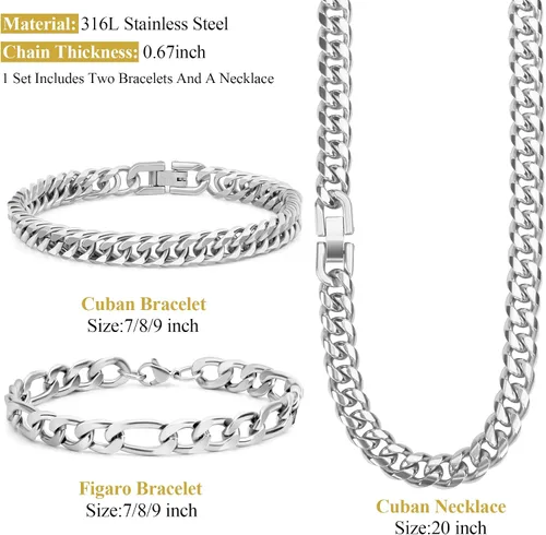 Miniatura 2 de Collar de pulsera Figaro de eslabones cubanos de 3 piezas, plata dorada y negra, resistente acero inoxidable 316L, cadena Figaro de eslabones