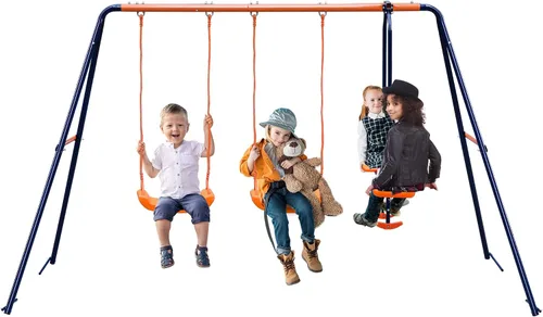 SUPER DEAL Juego de columpios para exteriores para niños, 2 asientos y 1 planeador de 440 libras de metal resistente con marco en A para patio de
