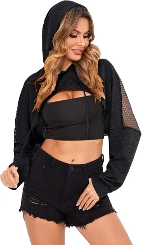 Miniatura 4 de Verdusa Sudadera corta con capucha y cordón para mujer con hombros caídos de red transparente