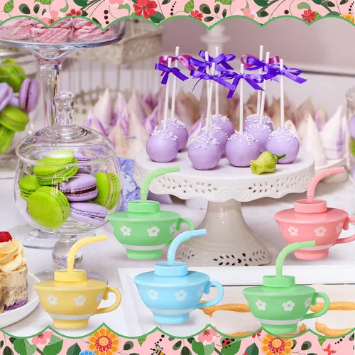 Miniatura 4 de Zhehao 24 tazas de té de plástico con tapas y pajitas para niños, fiesta de té, 9 onzas, reutilizables, desechables, tazas de té a granel
