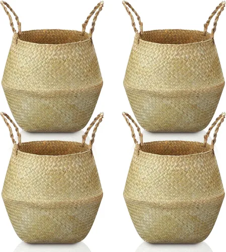 Miniatura 12 de Qunclay 4 Cestas Tejidas de Hierba Marina Belly Basket Plegable Boho Natural Maceta con Asas Redonda Decorativa de Mimbre Grande para Interiores