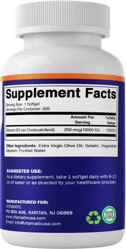 Miniatura 8 de Vitamatic Vitamina D3 10000 UI (250 mcg) - 500 cápsulas blandas (a base de aceite de oliva), sin OMG, sin gluten en mini cápsulas blandas prensadas